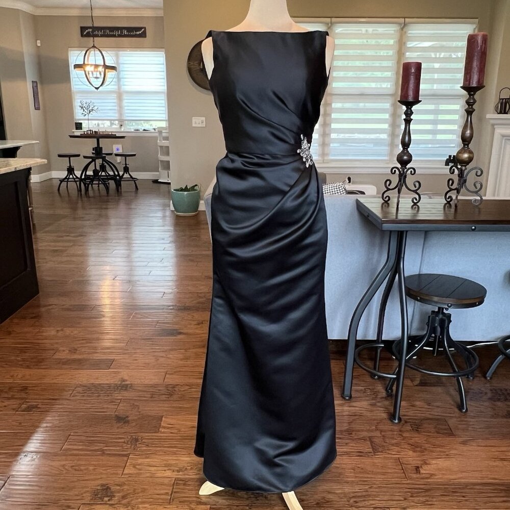 Mori Lee Black Satin Prom Dress with Embellishment